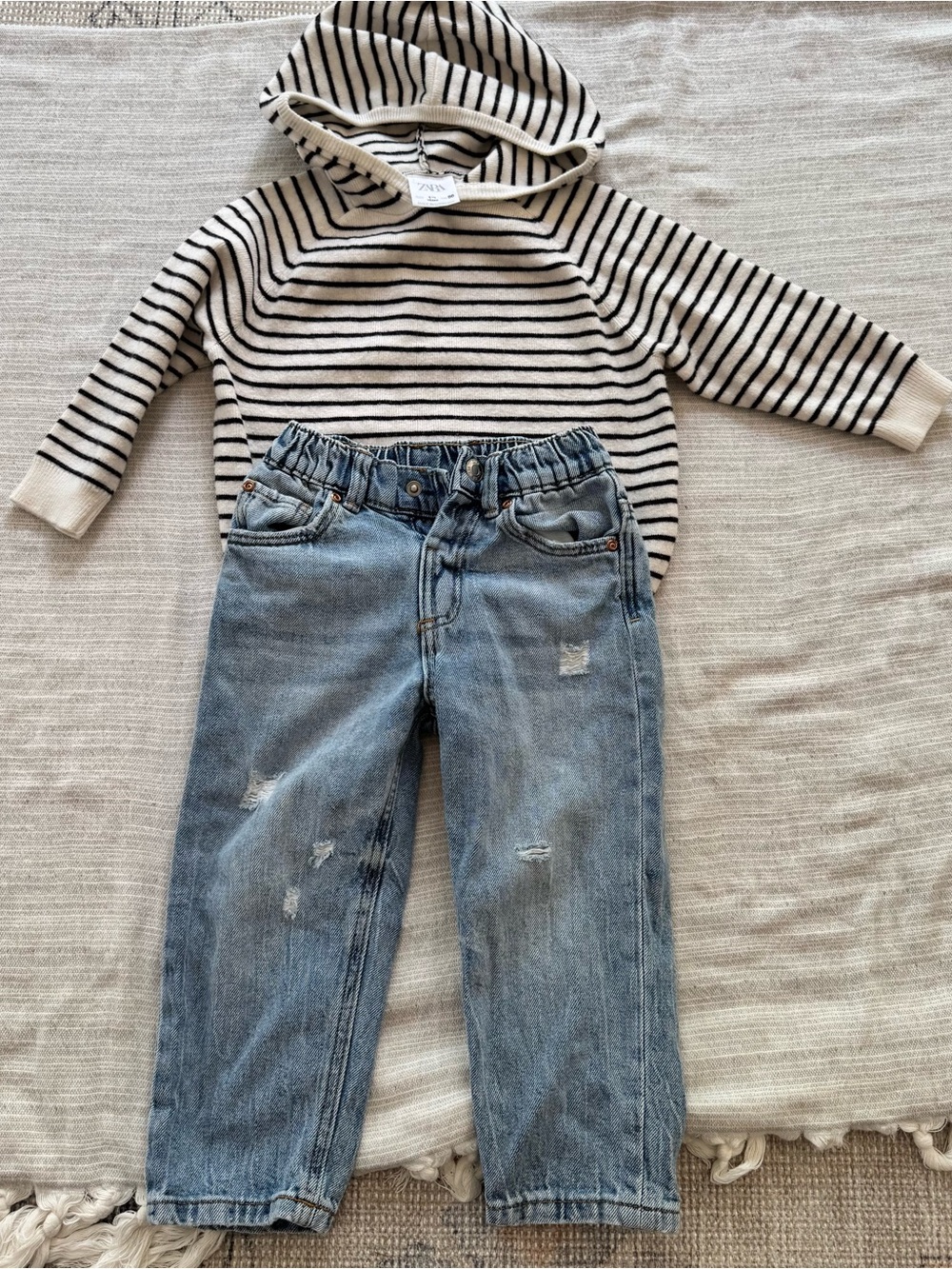 Zara Cream and Black Striped Hoodie with Light Blue Jeans Set